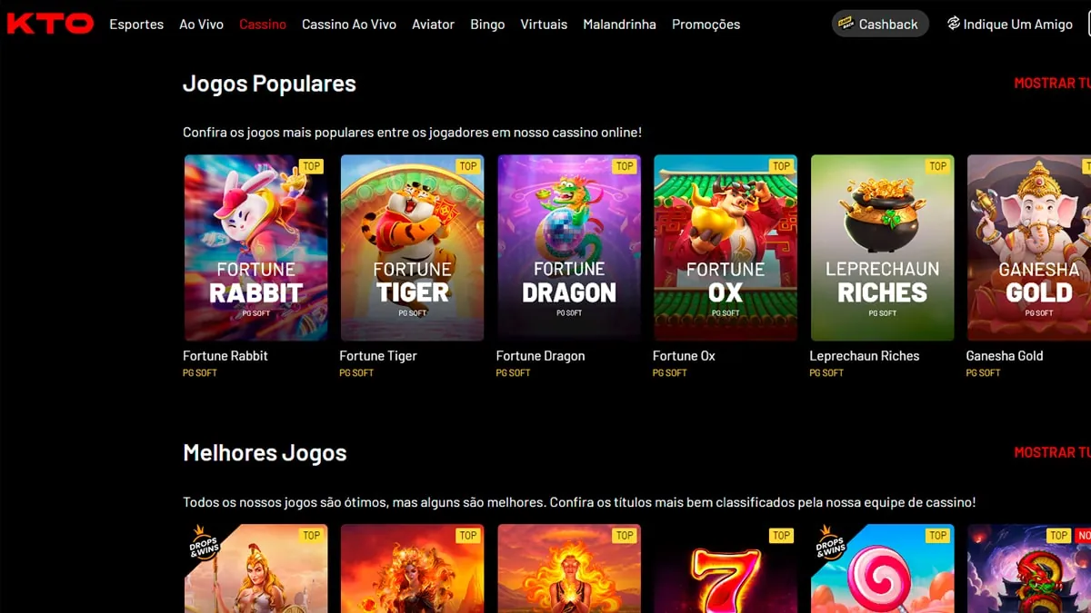 Lobby de jogos do cassino online KTO com slots populares como Fortune Tiger e Fortune Rabbit.