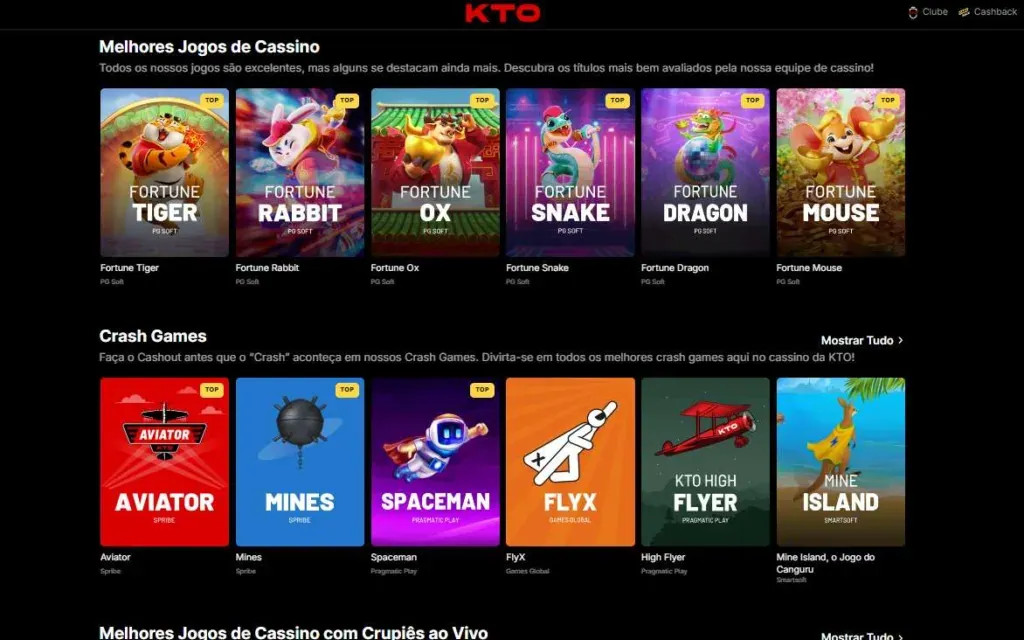 Lobby de jogos de cassino e slots da KTO